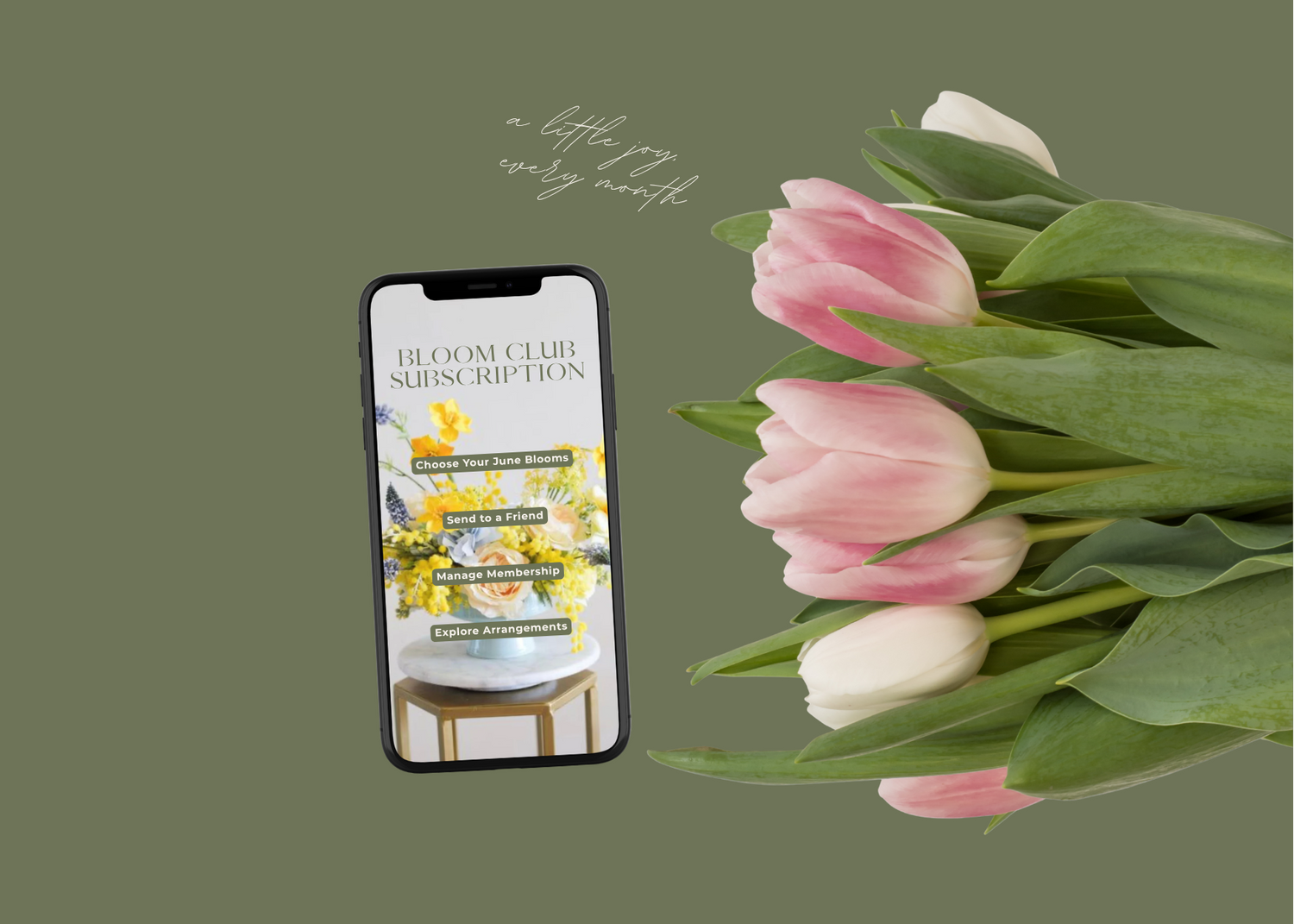 Smartphone displaying a subscription app with pink and white tulips on a green background